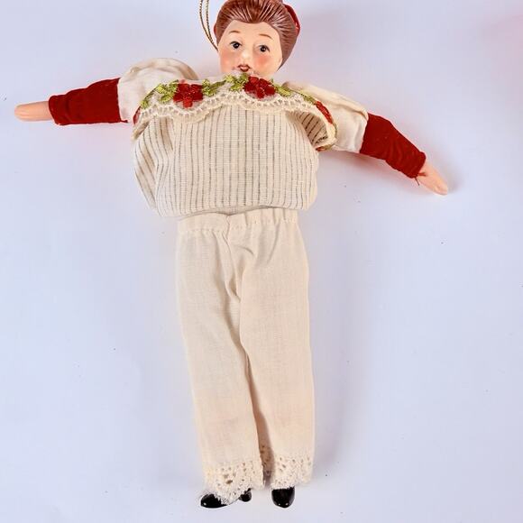 VTG European Folk Costume Doll 8” Ornament Embroidered Red Trim Striped Dress - Picture 3 of 5